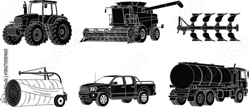 Agricultural vehicle silhouettes, tractor, combine harvester, plow, bale wrapper, pickup truck, tanker truck, black icons, white background, farming equipment