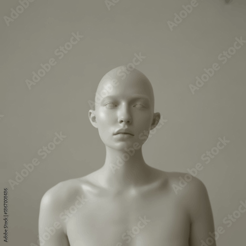 A bald mannequin with a neutral expression against a plain background.