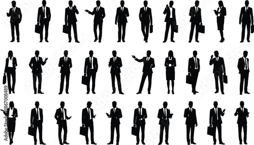 Business professional silhouettes, formal attire, black figures, briefcase, mobile device, gesture pose, standing posture, white background, office, corporate, team
