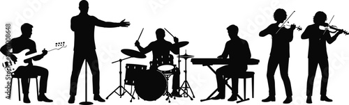 Musical band silhouette, six members, black figures, violin, bass guitar, drums, keyboard, microphone, white background, stage, performance, ensemble, fusion