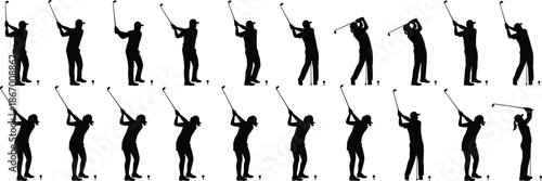 Golf swing sequence, male female silhouettes, two-row motion, swing stages, training breakdown, posture analysis, white background, sports technique, club, tee
