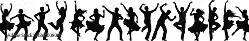 Sixteen dance silhouettes, expressive poses, black figures, dynamic movement, joyful dancers, cultural celebration, performing arts, white background, rhythm, motion, energy