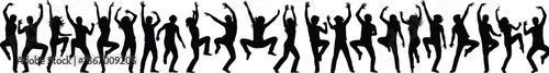 Dance silhouette row, black figures, expressive motion, dynamic pose, celebration energy, human movement, choreography art, white background, joy, rhythm, style