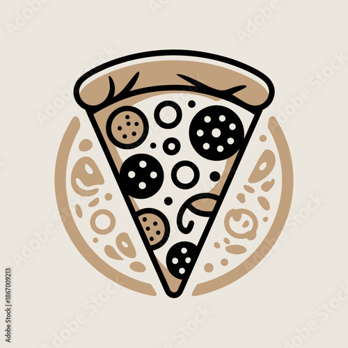 Illustration of a slice of pizza with various toppings.