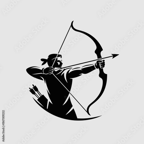 Silhouette of an archer aiming with bow and arrow.