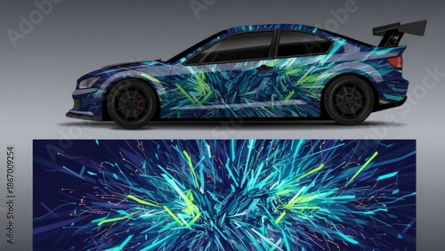 A blue sports car with a vibrant abstract graphic wrap featuring glowing blue and green lines.