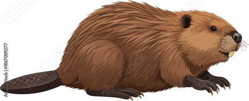 Digital illustration of a North American beaver, showcasing its distinctive features on a white background