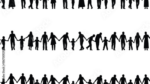 Diverse people silhouettes, holding hands, unity concept, community support, black vector illustration, social connection, inclusivity, teamwork, family, togetherness