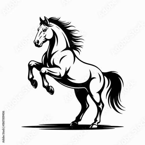Black and white illustration of a rearing horse with flowing mane.