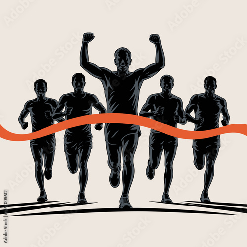 Triumphant runner crossing the finish line first in a competitive race.