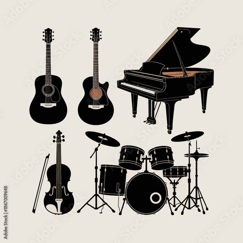 Collection of various musical instruments including guitars piano violin and drums.