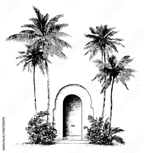 Hand drawn line art illustration of an arched doorway depicting a tropical entrance surrounded by palm trees for a vintage design