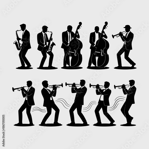 Silhouettes of Jazz Musicians Playing Various Instruments.