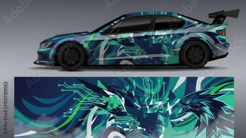 A sporty blue and green car with a futuristic circuit board and wing-themed graphic wrap design.