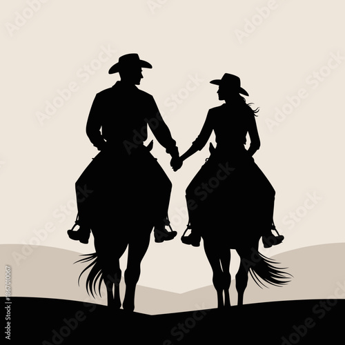 Black Silhouette of a Cowboy and Cowgirl Riding Horses and Holding Hands for Romantic Western and Outdoor Adventure Design Solutions