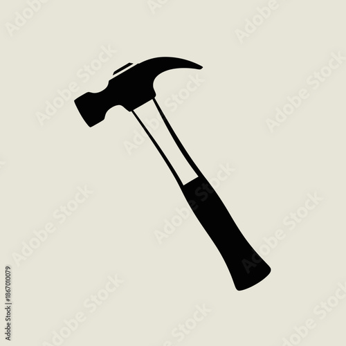 Simple black silhouette of a hammer on a beige background.