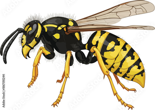 Detailed illustration of a wasp, showcasing its yellow and black striped body, wings, and legs, against a white backdrop