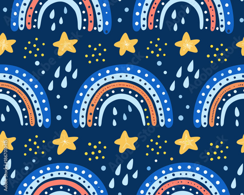 Whimsical rainbows and stars on dark blue background for kids