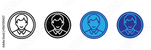 Vector illustration icon set of four different colored icons depicting a mans head and shoulders in a circular frame set icon