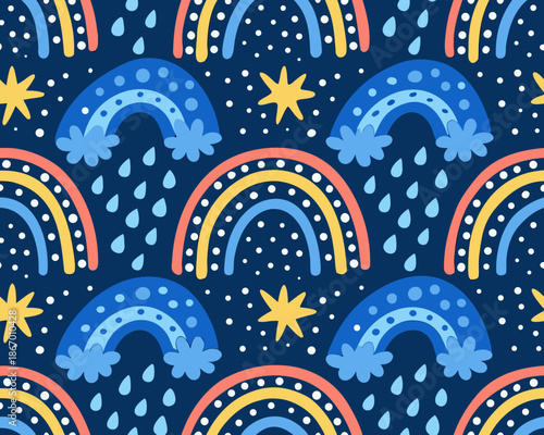 Vibrant rainbow pattern with raindrops and stars on dark blue background