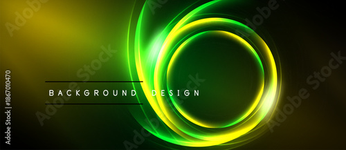 Abstract neon circles over dark background. Yellow, green hues create dynamic visual effect. Text reads background design.