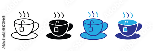 Vector illustration icon four steaming cup and saucer icons in different colors with locks on them set icon isolated on