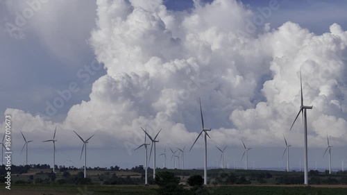 Wind turbines at green mountain hill clean sustainable electricity power, Green generator cloudy blue sky
