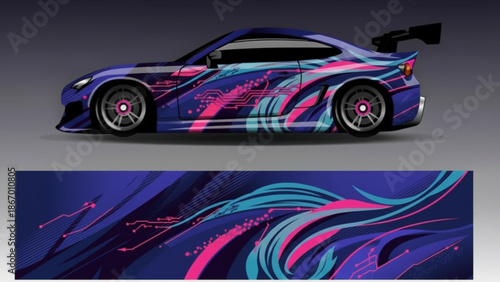Sleek sports car showcasing a vibrant abstract graphic wrap design with dynamic lines and colors, perfect for vehicle customization.