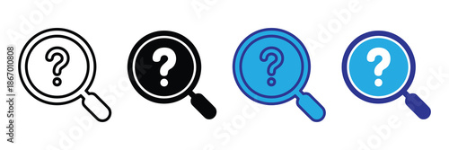 Vector illustration icon four magnifying glasses with question marks in different colors on set icon isolated on
