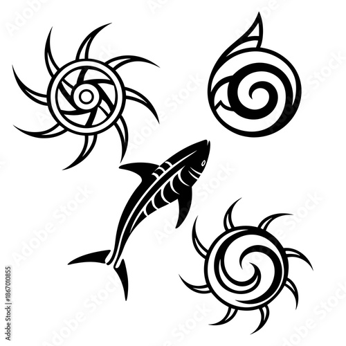 Tribal shark and swirl designs