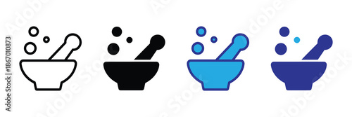 Vector illustration icon collection of mortar and pestle icons in various colors and styles for pharmacy or laboratory use set icon isolated on