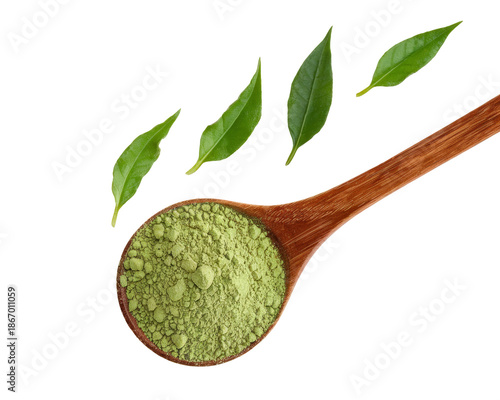 matcha powder on spoon with tea leaves on white background