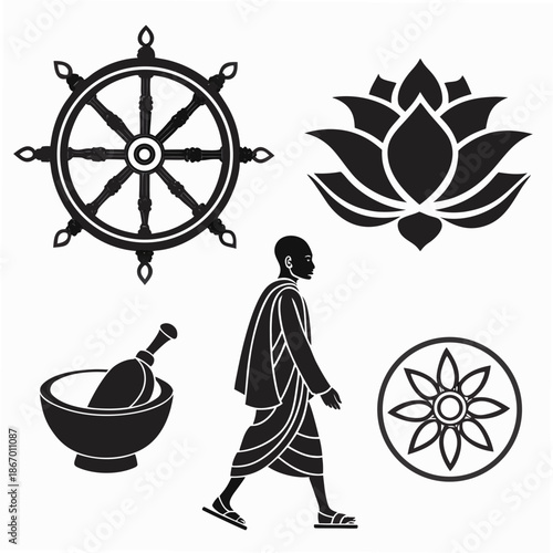 Spiritual symbols and monk illustration