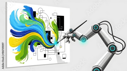 Flat vector illustration of a robotic arm painting an abstract artwork on canvas, blending technology and creativity.