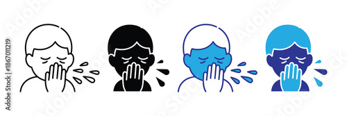 Vector illustration icon four people coughing and covering their mouths with their hands in different colors and styles on set icon isolated on