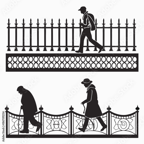 Silhouettes of people walking along a fence