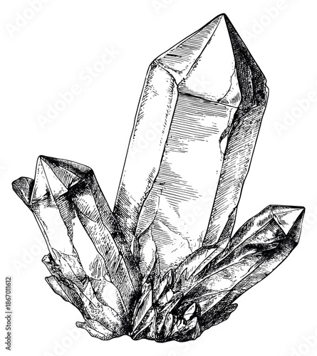 Hand drawn line art illustration of a quartz crystal cluster depicting its natural faceted form for spiritual and geological purposes