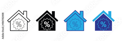 Vector illustration icon colorful house icons with percentage signs and gear symbols in various shades and styles on set icon isolated on