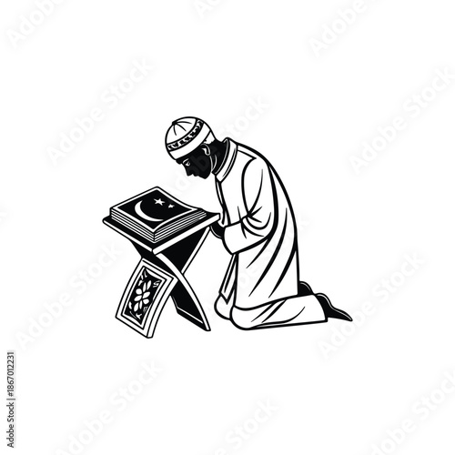 Man reading Quran on stand, Muslim man praying, Islamic book with crescent moon