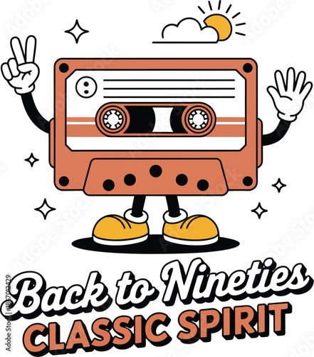 Cassette Tape Character with Peace Sign and Classic Nineties Text