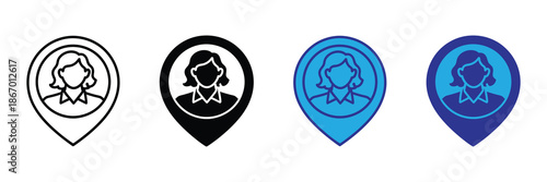 Vector illustration icon collection of map pin icons featuring a persons head in various colors and styles on set icon isolated on