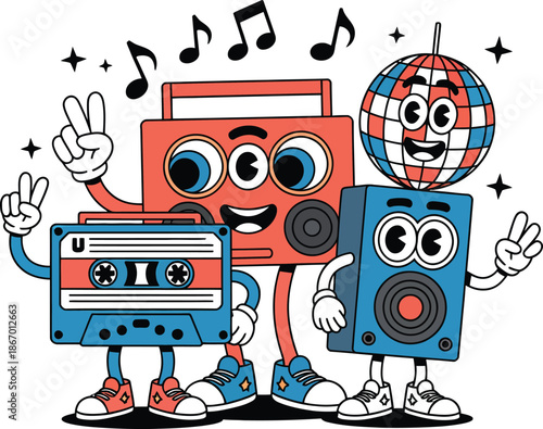 Colorful cartoon music characters with cassette tape boombox and disco ball
