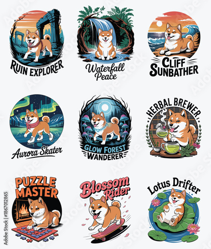 Shiba Inu dog in various whimsical scenarios with text labels Keywords: shiba inu, dog, puppy