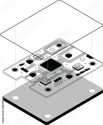 Isometric exploded view of smartphone motherboard blueprint. Chip circuits and electronic layers for tech diagrams, gadget schematics, hardware engineering and digital device assembly illustration