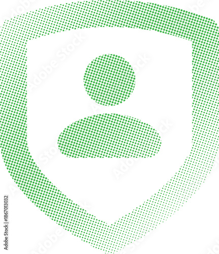 Halftone dotted shield icon. User avatar secure privacy protection. Data insurance. Silhouette, cybersecurity security, identity safe, account profile protection, compliance and digital trust.
