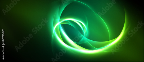 Abstract green energy swirls, luminous curves, dynamic flow. Dark background emphasizes bright neon shapes, creating visual impact.