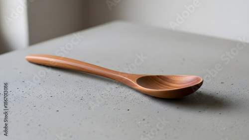 A minimalist shot of a smooth wooden spoon resting on a textured gray concrete surface