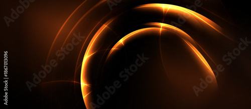 Abstract design features glowing orange curves, circles against dark background. Dramatic lighting creates futuristic feel.