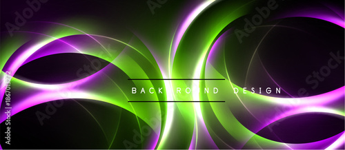 Abstract neon waves, vibrant green purple hues. Dynamic light effects create modern background design. Smooth curves suggest energy, motion.