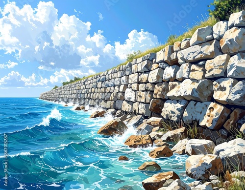 Coastal scene stone wall meets ocean waves under a blue sky